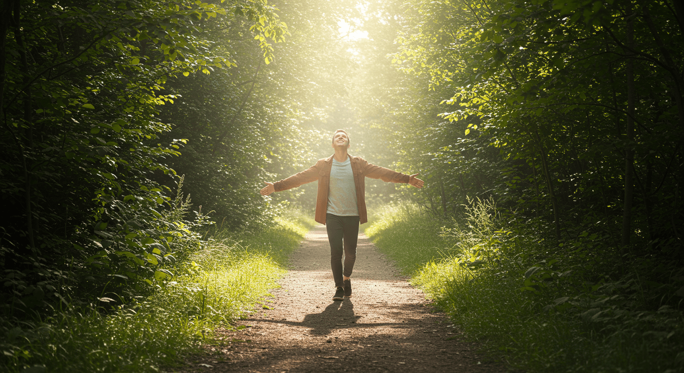 Homem caminhando feliz em trilha na floresta iluminada, de braços abertos, simbolizando prosperidade, liberdade e equilíbrio interior. Homem caminhando feliz em trilha na floresta iluminada, de braços abertos, simbolizando prosperidade, liberdade e equilíbrio interior.