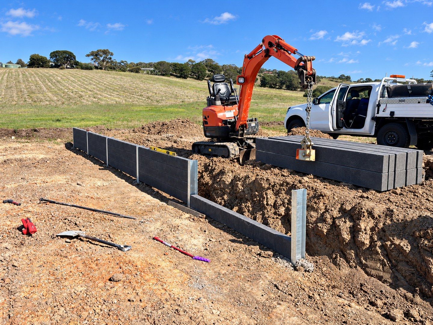 Concrete sleeper wall installation with an excavator on site