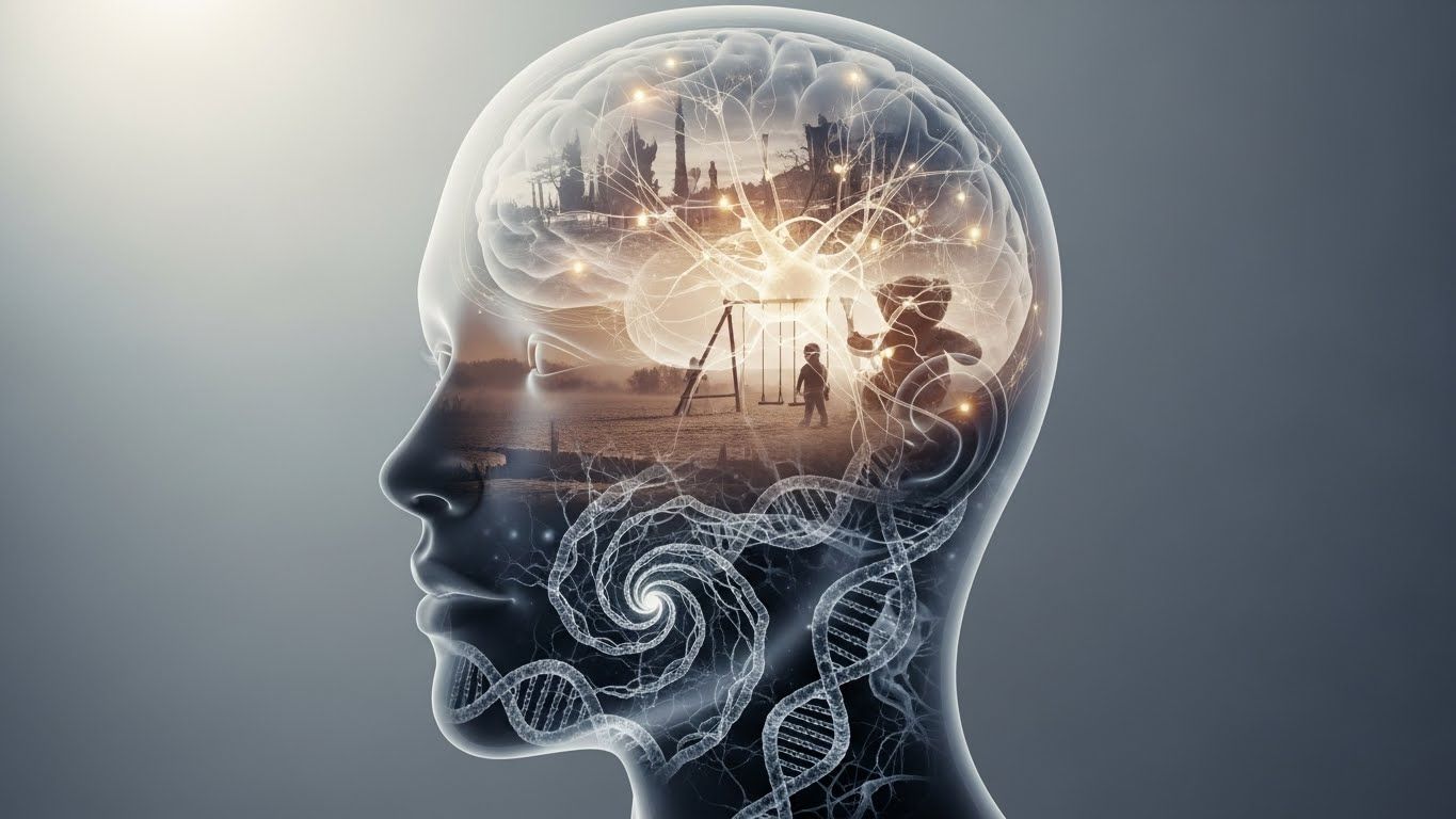 Silhueta de uma cabeça humana translúcida com cérebro visível, conexões neurais brilhantes e cenas da infância ao fundo, representando como memórias e biologia moldam o comportamento humano.
