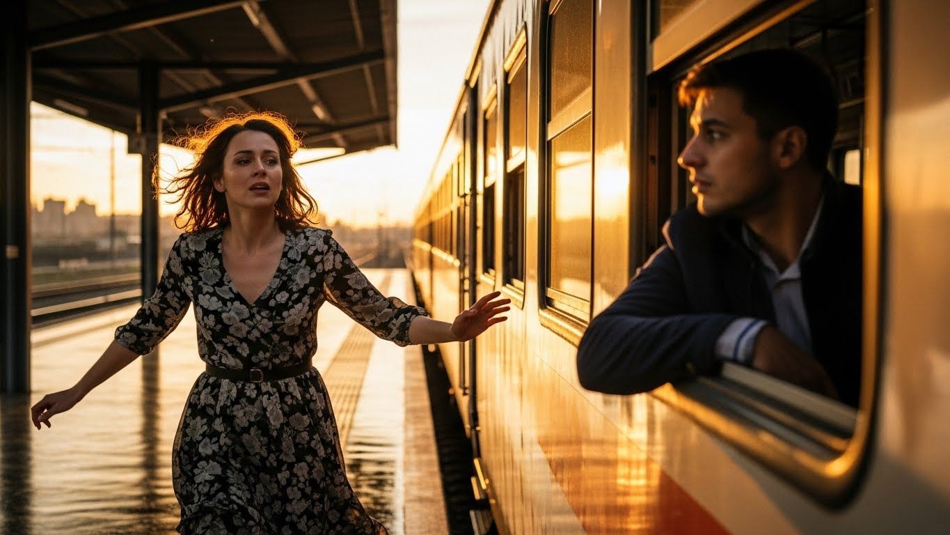 Mulher corre em uma plataforma ao pôr do sol enquanto um homem no trem a ignora, simbolizando vínculo com alguém emocionalmente indisponível. Mulher corre em uma plataforma ao pôr do sol enquanto um homem no trem a ignora, simbolizando vínculo com alguém emocionalmente indisponível.