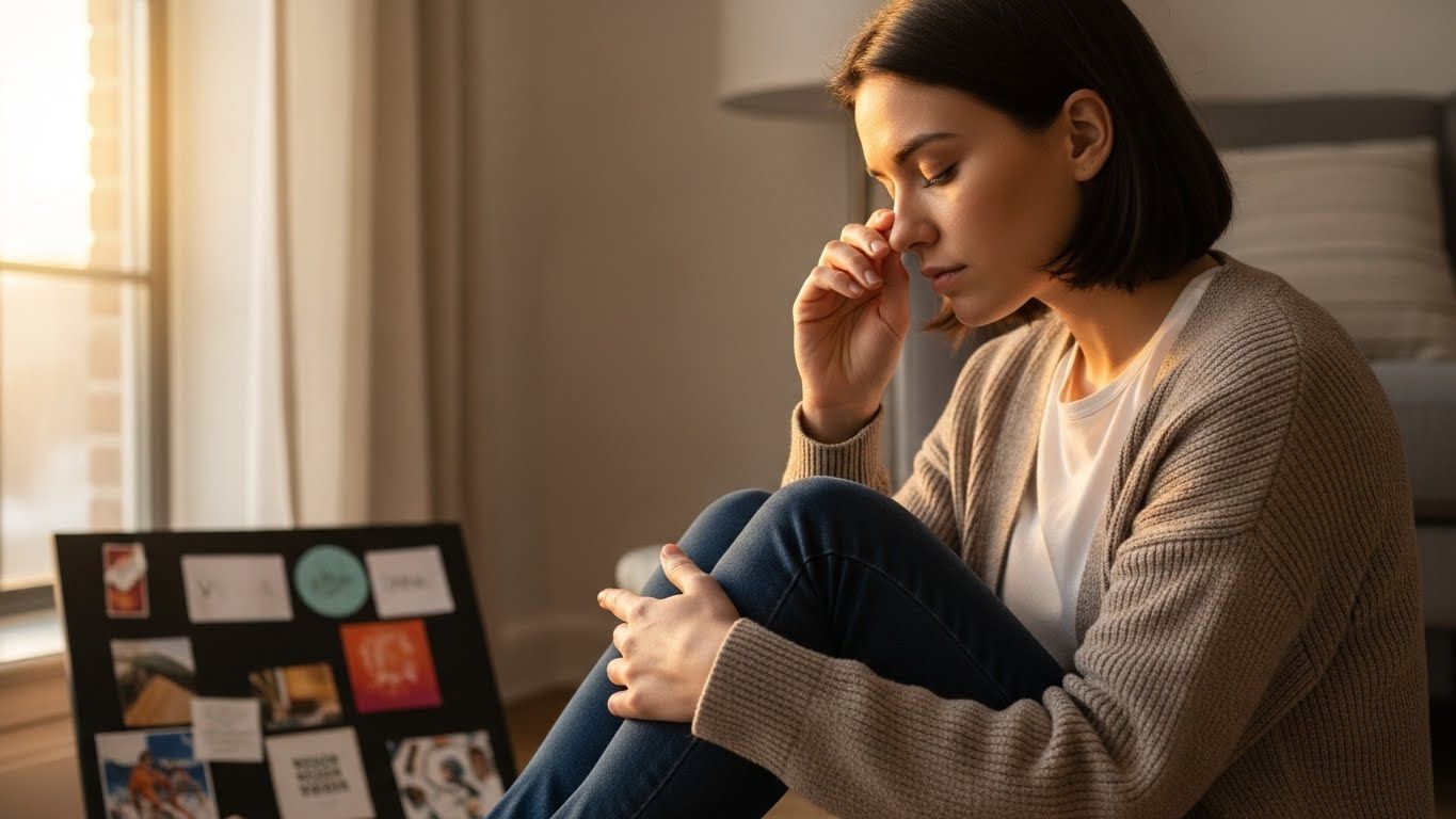 Pessoa sentada perto da janela em momento de introspecção, com um quadro dos sonhos ao fundo, transmitindo reflexão, alinhamento interno e intenção para o futuro.