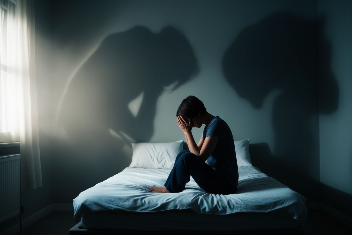 Pessoa sentada na cama com as mãos no rosto, envolta em sombras simbólicas que representam traumas e vícios emocionais. Luz suave entra pela janela, criando clima introspectivo. Pessoa sentada na cama com as mãos no rosto, envolta em sombras simbólicas que representam traumas e vícios emocionais. Luz suave entra pela janela, criando clima introspectivo.