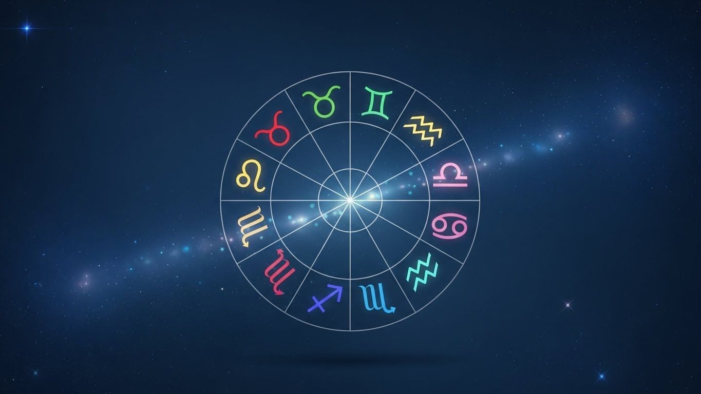 Roda do zodíaco com símbolos dos signos coloridos sobre fundo estrelado azul, representando astrologia, ciclos astrais e alinhamento energético.