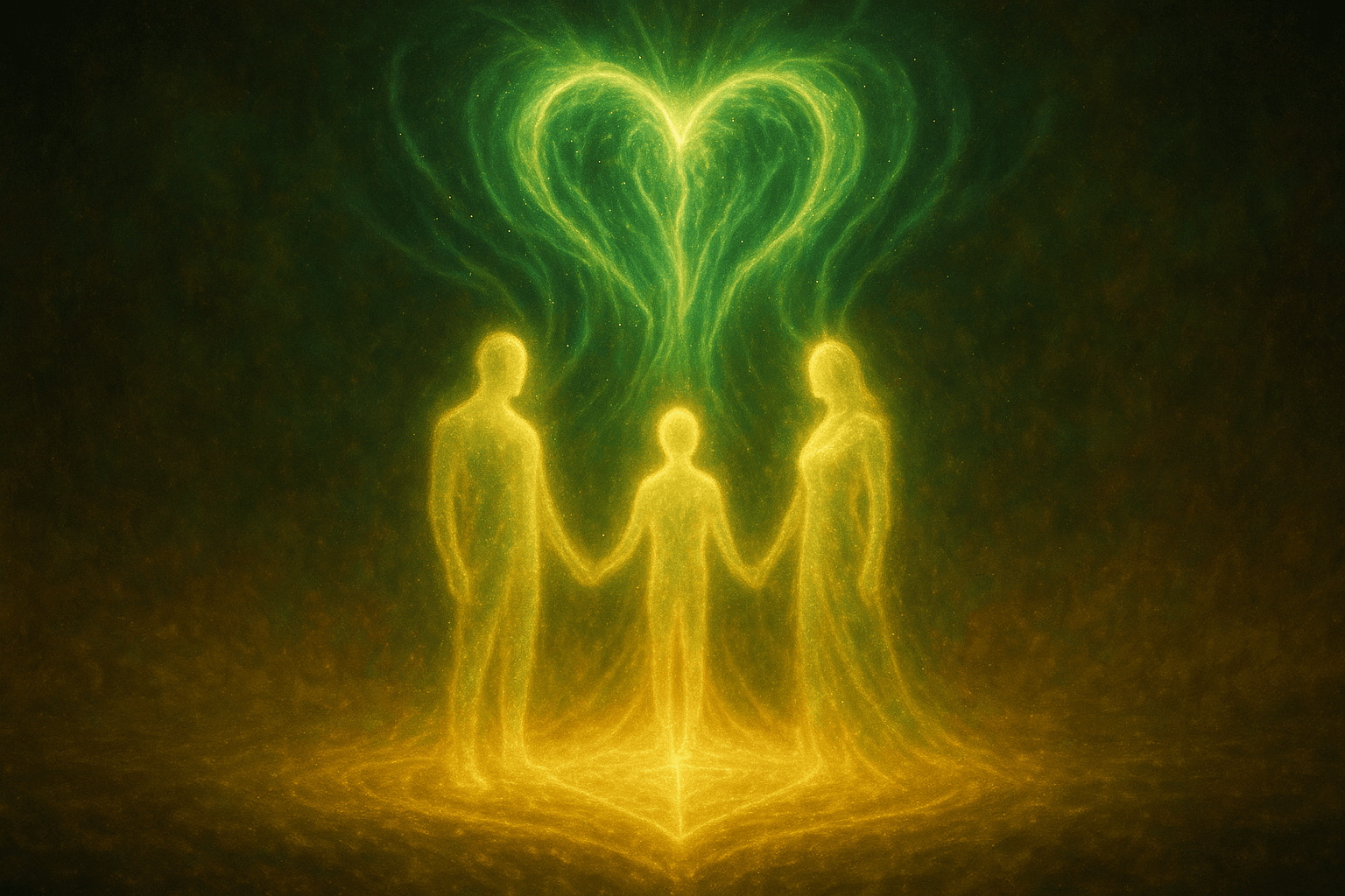 Três figuras luminosas de energia dourada e verde unidas por um coração de luz, representando a cura entre pai, mãe e filho e a restauração do fluxo de prosperidade e amor.