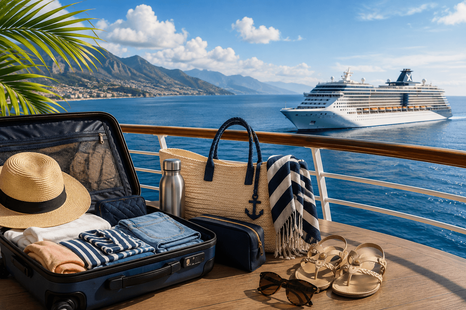 Open suitcase with cruise clothes, passport and travel essentials. Open suitcase with cruise clothes, passport and travel essentials.