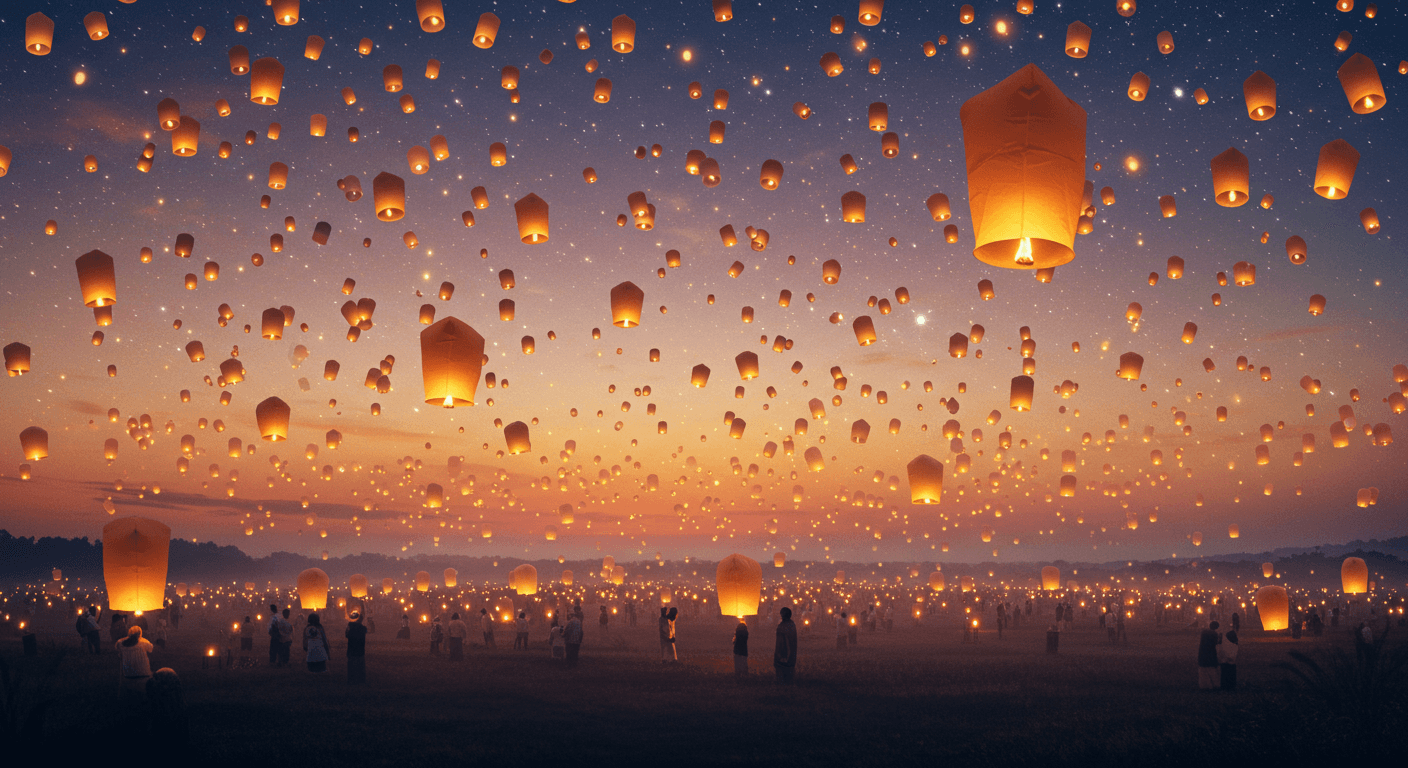 A sky full of glowing lanterns floating upward at twilight, creating a sense of collective gratitude, hope, and spiritual abundance. Cinematic, dreamy, high detail.