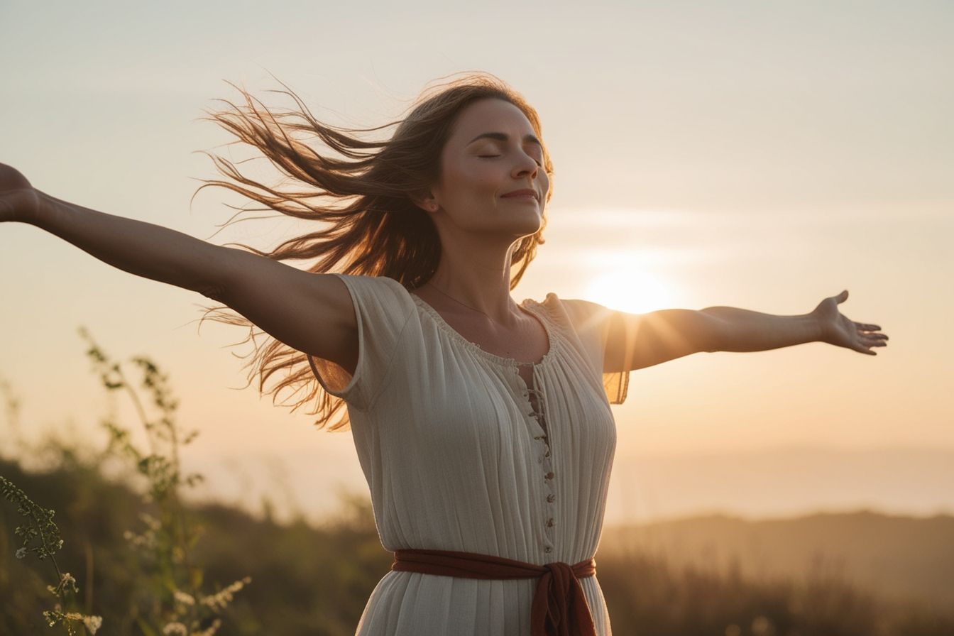 Mulher de olhos fechados, braços abertos e rosto sereno ao pôr do sol, sentindo liberdade e cura emocional.