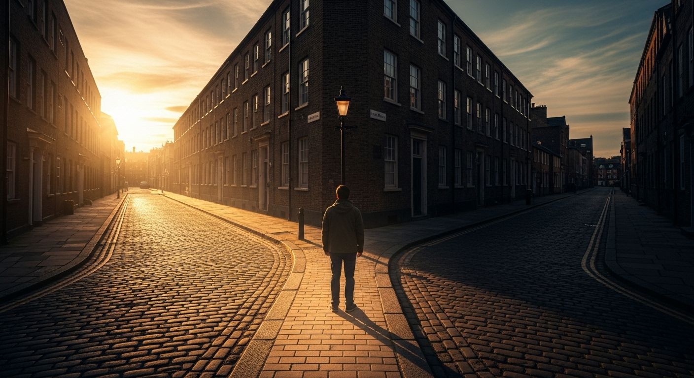 Pessoa parada em uma rua de paralelepípedos ao entardecer, observando dois caminhos iluminados pela luz do sol, simbolizando a escolha consciente e o início de um novo ciclo de autoconhecimento. Pessoa parada em uma rua de paralelepípedos ao entardecer, observando dois caminhos iluminados pela luz do sol, simbolizando a escolha consciente e o início de um novo ciclo de autoconhecimento.