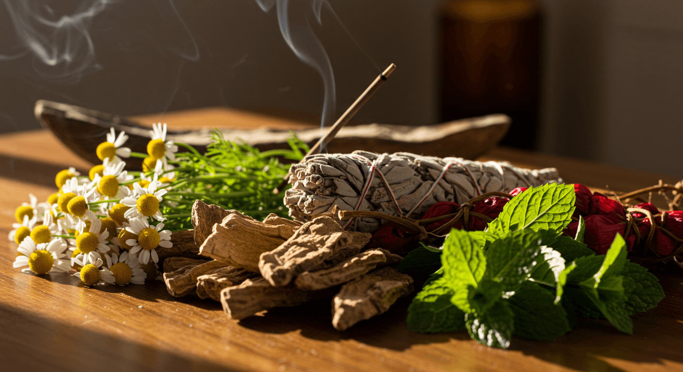 Mesa de madeira com ervas medicinais, flores de camomila, folhas de hortelã, raízes secas e incenso aceso soltando fumaça.