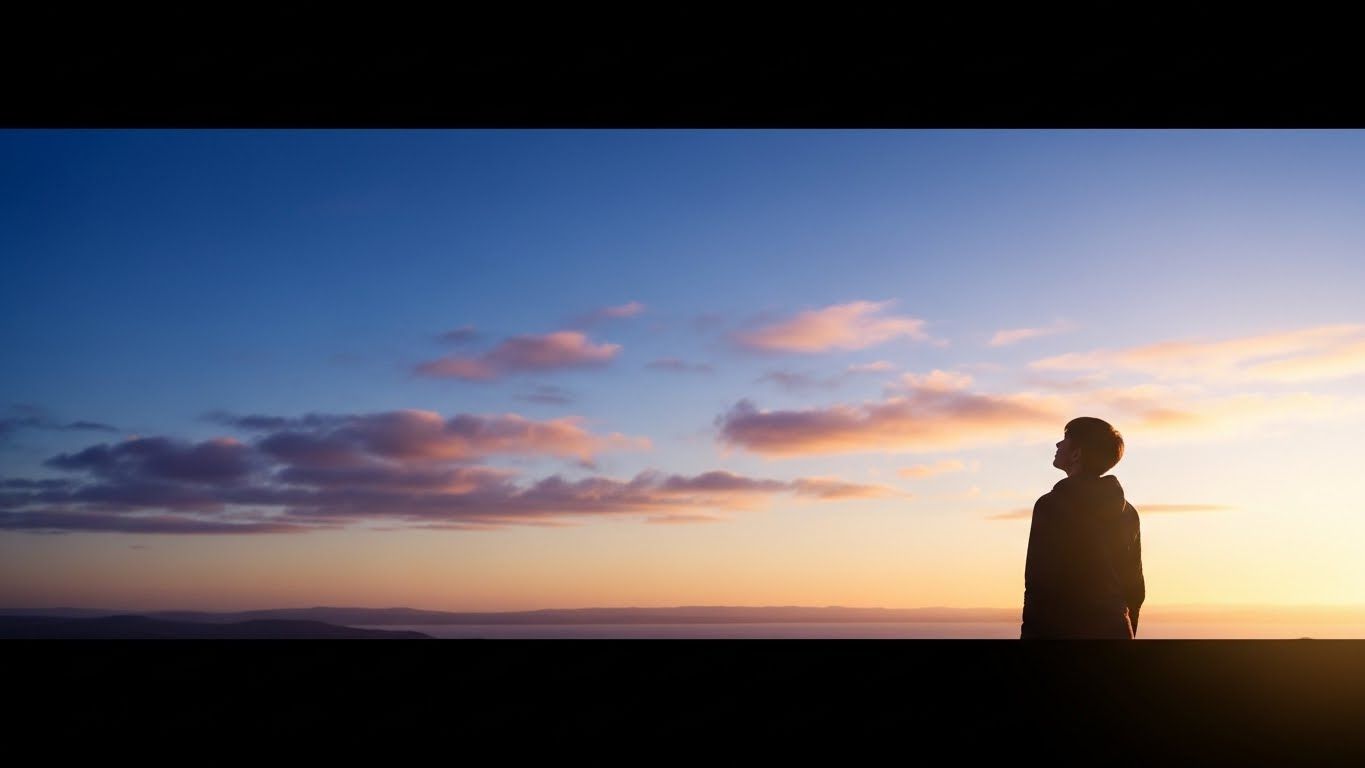 Pessoa observando o horizonte ao amanhecer sob um céu azul e dourado, simbolizando clareza, novos caminhos e o início consciente de 2026.
