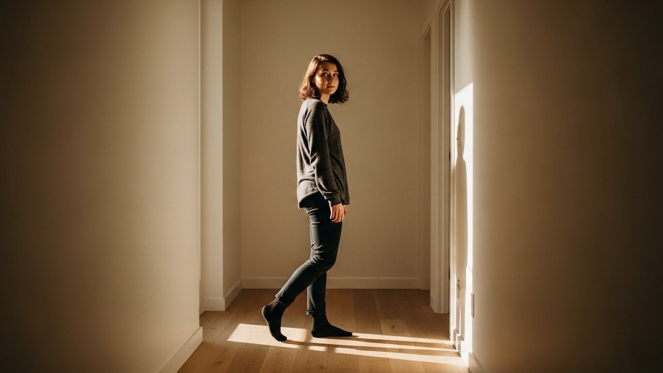Mulher parada em um corredor iluminado pelo sol, olhando para trás enquanto a luz projeta sua sombra na parede.