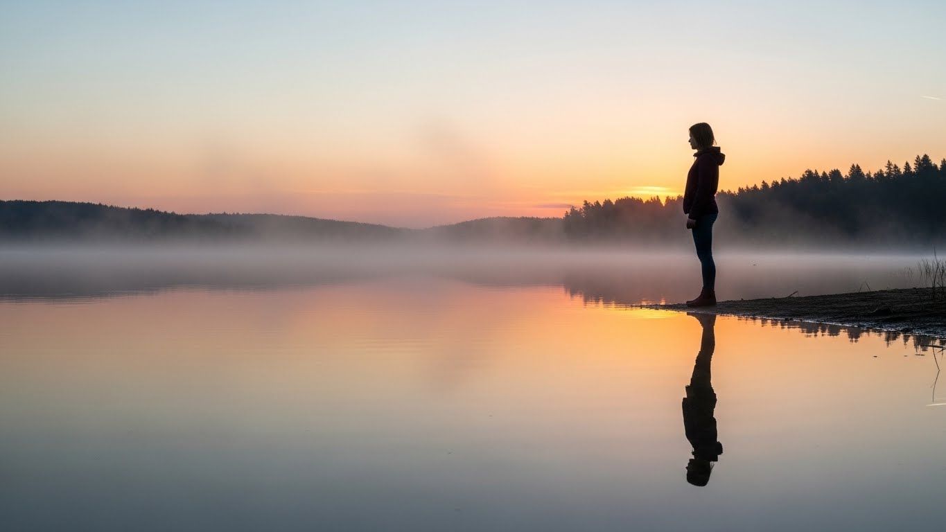 Pessoa em pé à beira de um lago ao amanhecer, observando o próprio reflexo na água calma com névoa leve e céu em tons suaves.