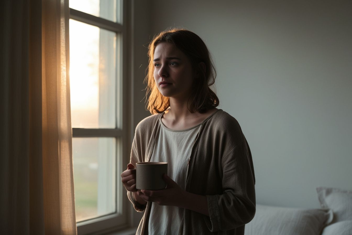 Mulher jovem com expressão cansada segura uma xícara de chá enquanto olha pela janela ao amanhecer, com luz suave iluminando o quarto silencioso.