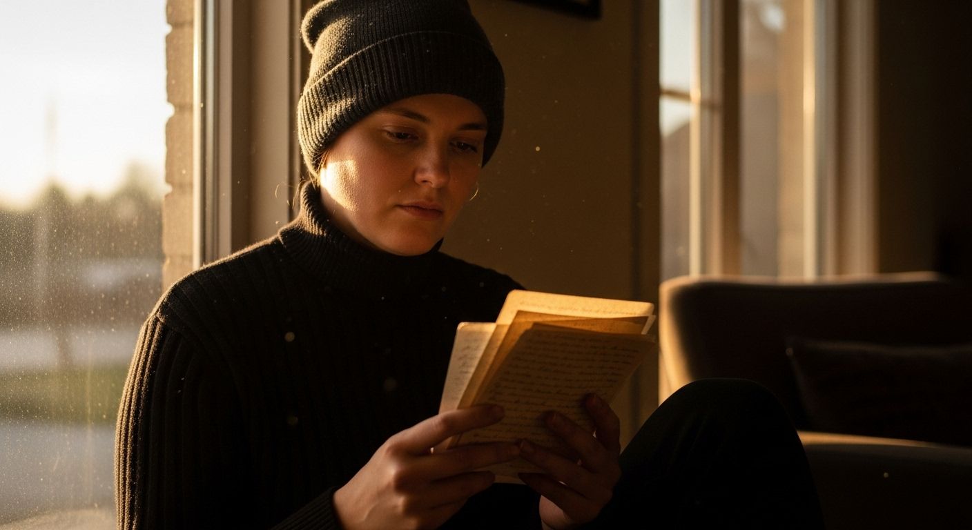 Mulher perto da janela segurando cartas antigas, representando reflexão, consciência e aceitação durante o processo de desapego e cura interior. Mulher perto da janela segurando cartas antigas, representando reflexão, consciência e aceitação durante o processo de desapego e cura interior.