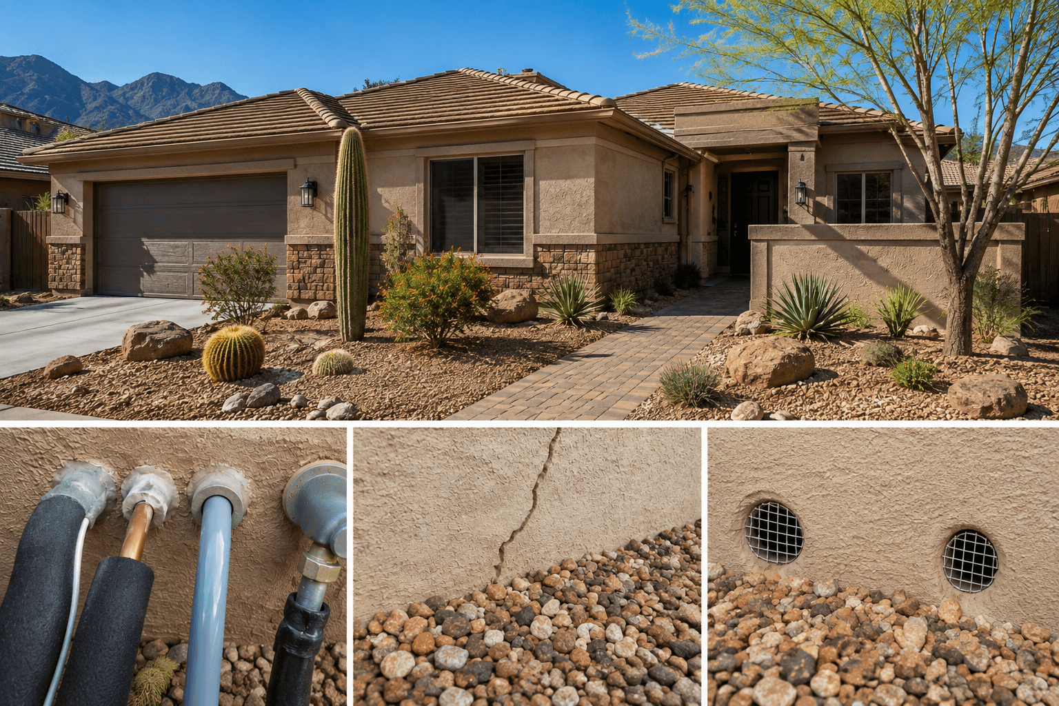 Modern North Phoenix stucco home with desert landscaping, illustrating exterior perimeter sealing and pest prevention. Modern North Phoenix stucco home with desert landscaping, illustrating exterior perimeter sealing and pest prevention.