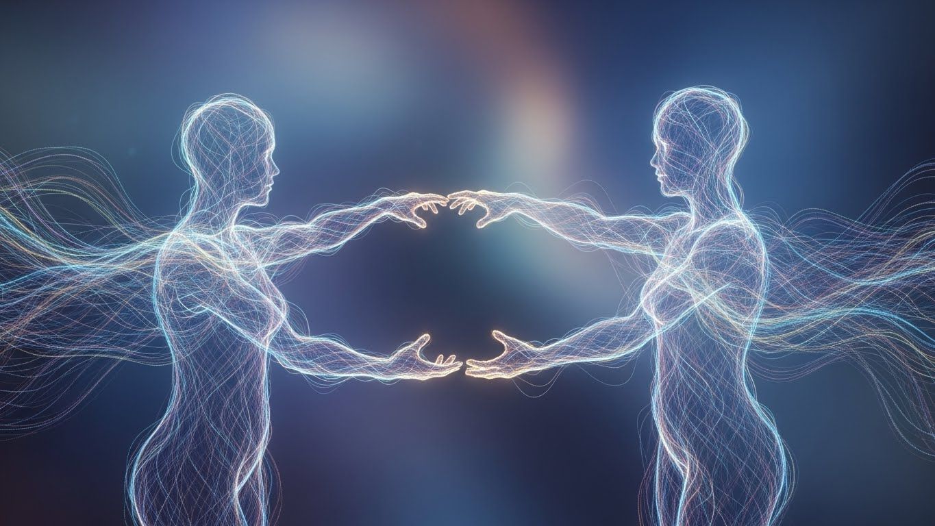 Duas figuras humanas feitas de linhas luminosas repetindo o mesmo gesto uma diante da outra, simbolizando padrões energéticos.