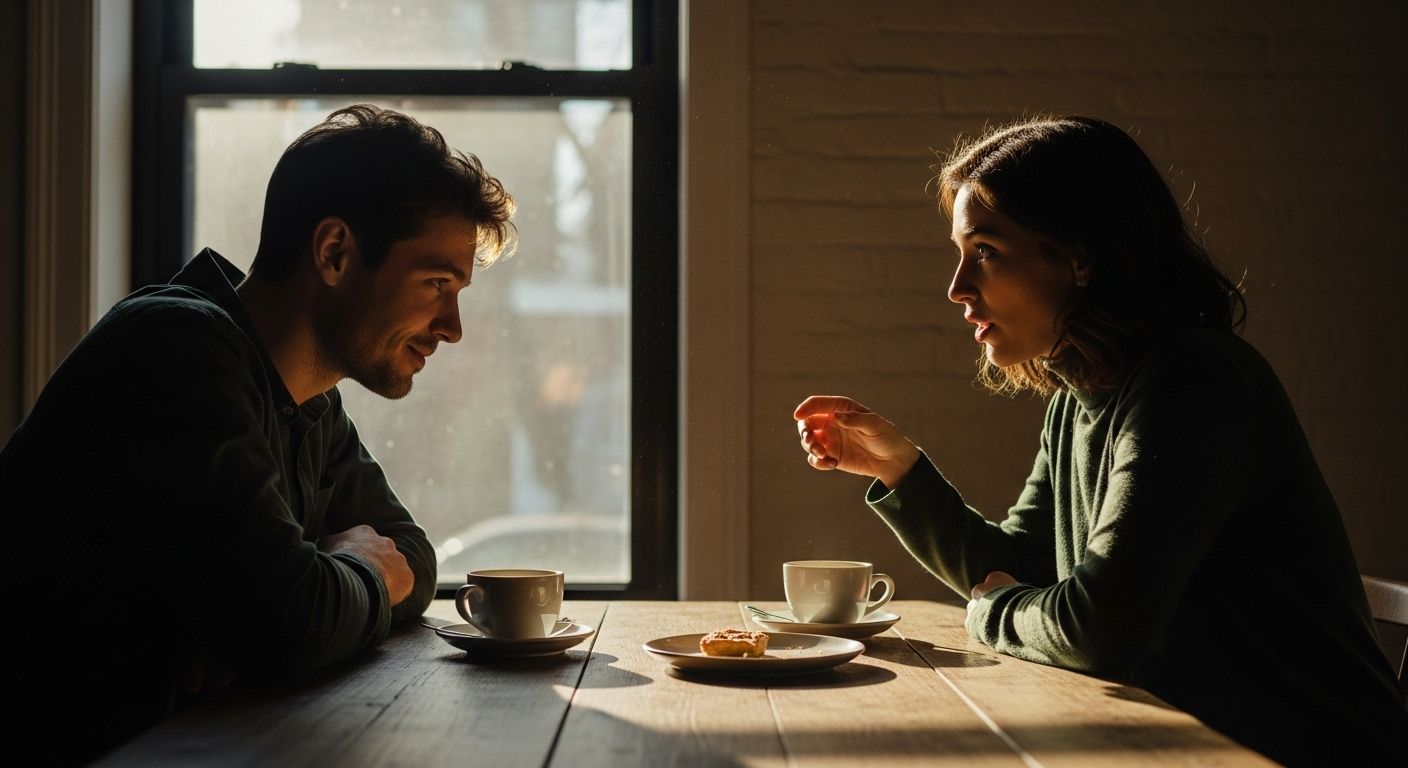 Duas pessoas sentadas à mesa conversando com atenção e proximidade, em ambiente acolhedor com luz natural, representando conexão humana real, escuta ativa e relações conscientes. Duas pessoas sentadas à mesa conversando com atenção e proximidade, em ambiente acolhedor com luz natural, representando conexão humana real, escuta ativa e relações conscientes.