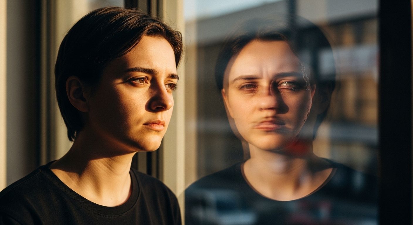 Pessoa olhando o próprio reflexo na janela com expressão introspectiva, representando o processo de autoconhecimento, confronto emocional e cura interior. Pessoa olhando o próprio reflexo na janela com expressão introspectiva, representando o processo de autoconhecimento, confronto emocional e cura interior.