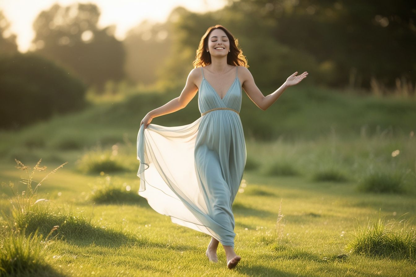 Mulher sorridente caminha descalça em um campo iluminado pelo sol, com vestido leve esvoaçante e braços abertos em expressão de liberdade.