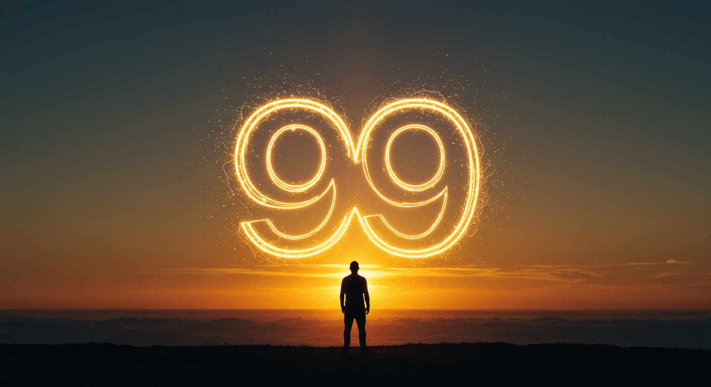 Homem diante do pôr do sol observa o número 99 em luz dourada no céu, simbolizando o portal 09/09 e a energia de mudança e renovação.