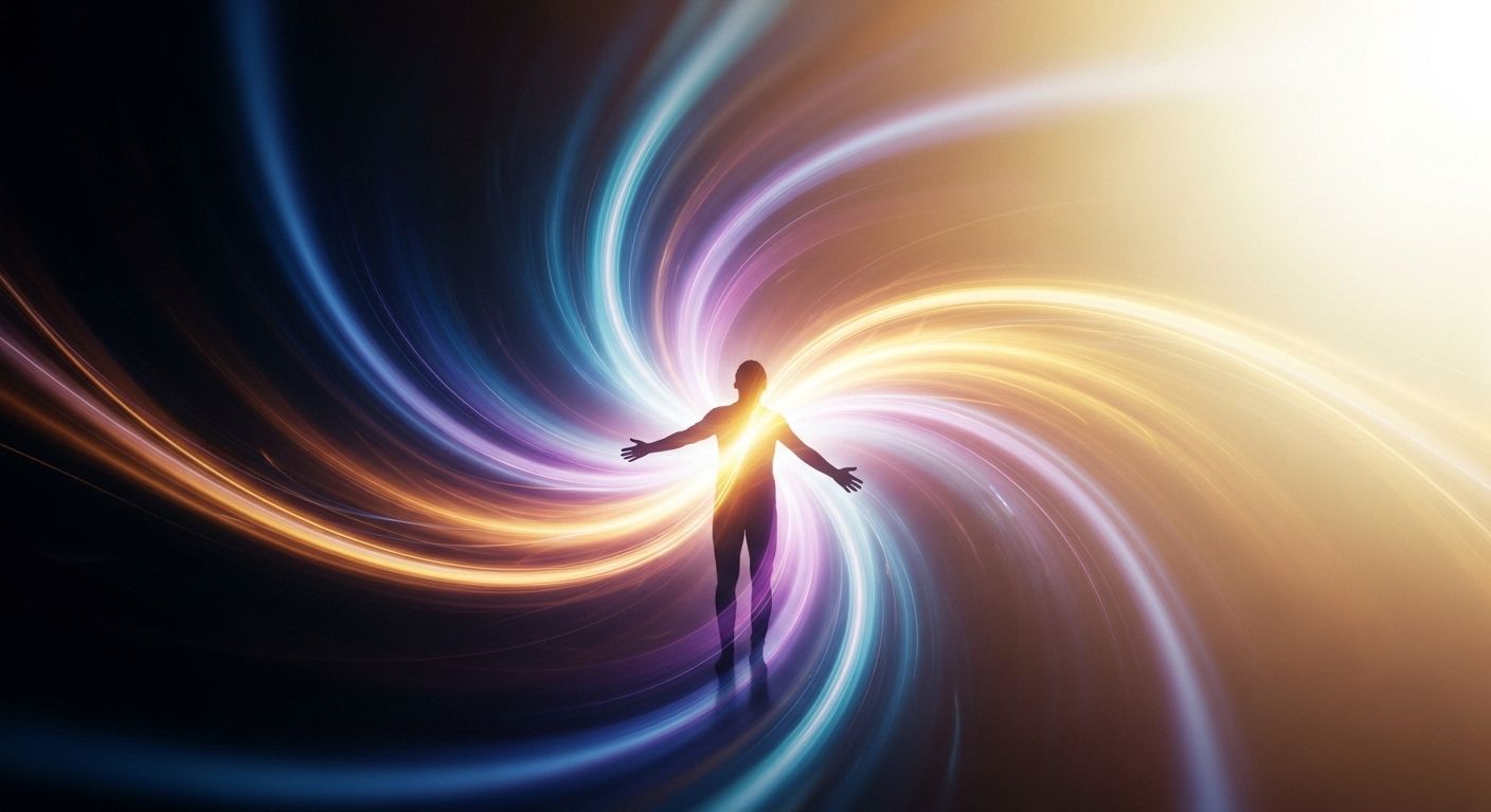 Silhueta humana envolvida por espirais de luz azul e dourada, simbolizando realinhamento energético e transformação interior durante a mudança de frequência. Silhueta humana envolvida por espirais de luz azul e dourada, simbolizando realinhamento energético e transformação interior durante a mudança de frequência.