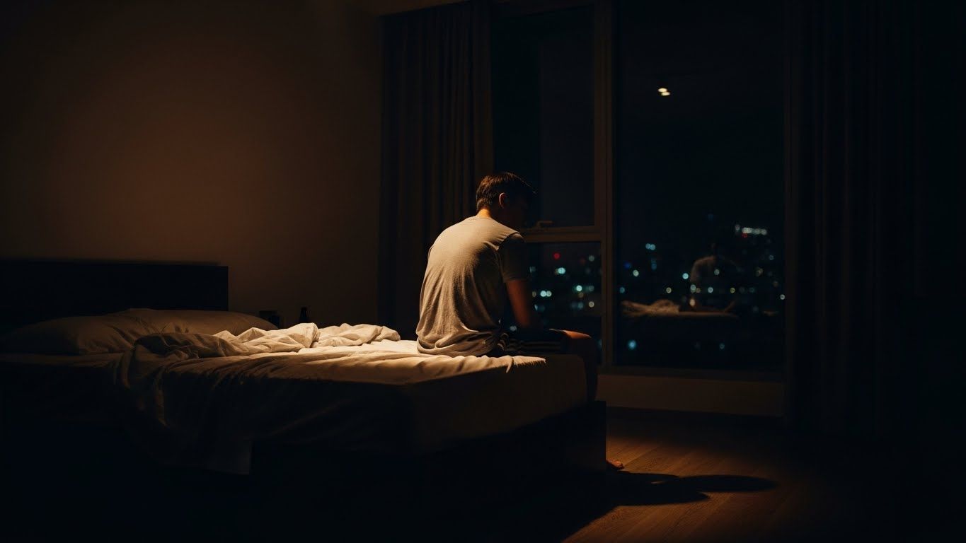 Pessoa sentada na cama à noite, olhando pela janela para a cidade iluminada, representando o vazio emocional que surge no silêncio noturno e a sensação de solidão interna.