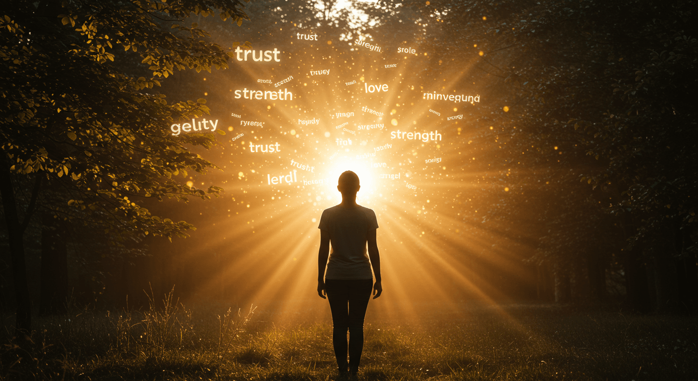 Pessoa diante do sol radiante em meio à natureza, com palavras positivas brilhando ao redor, simbolizando energia elevada e transformação.