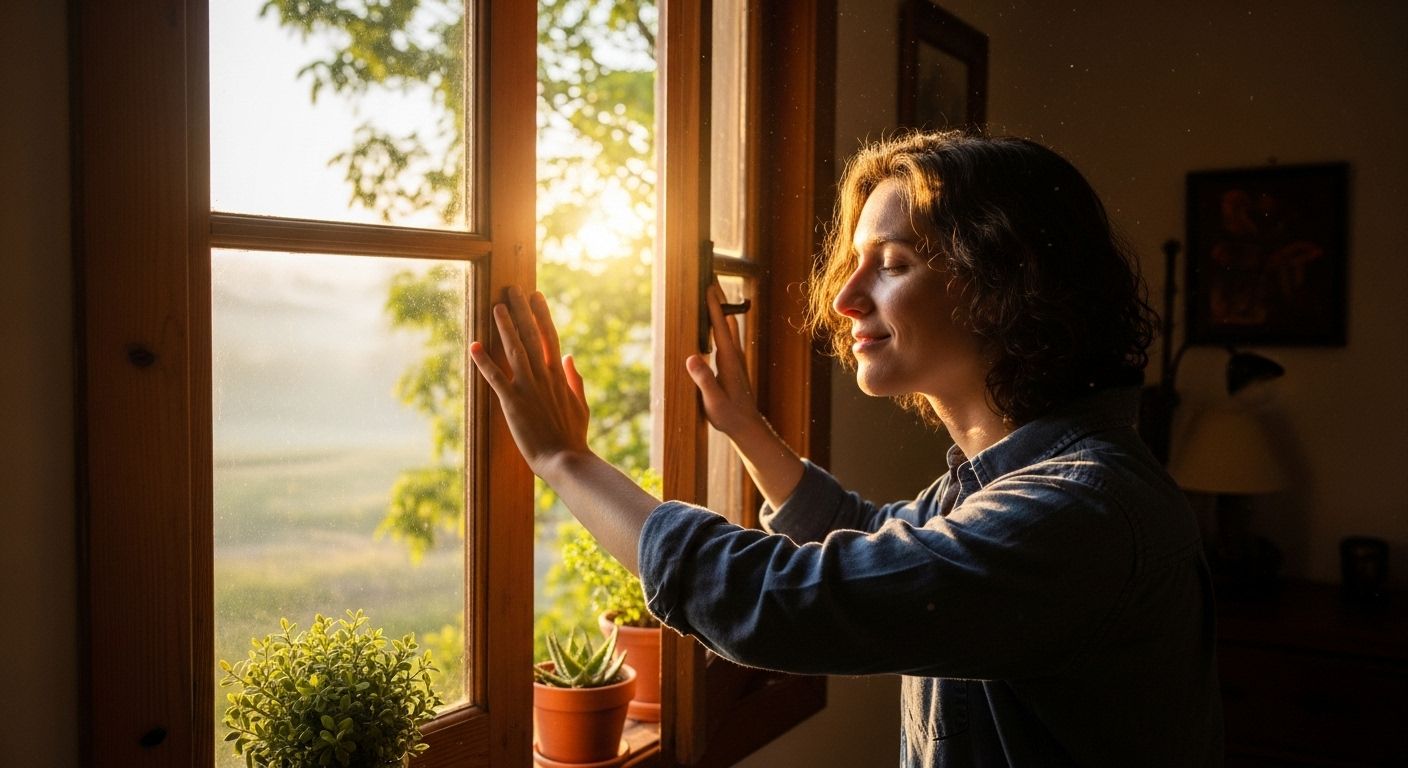 Pessoa abrindo uma janela e sentindo a luz da manhã tocar seu rosto, simbolizando renascimento, leveza e o despertar espiritual após uma escolha transformadora. Pessoa abrindo uma janela e sentindo a luz da manhã tocar seu rosto, simbolizando renascimento, leveza e o despertar espiritual após uma escolha transformadora.
