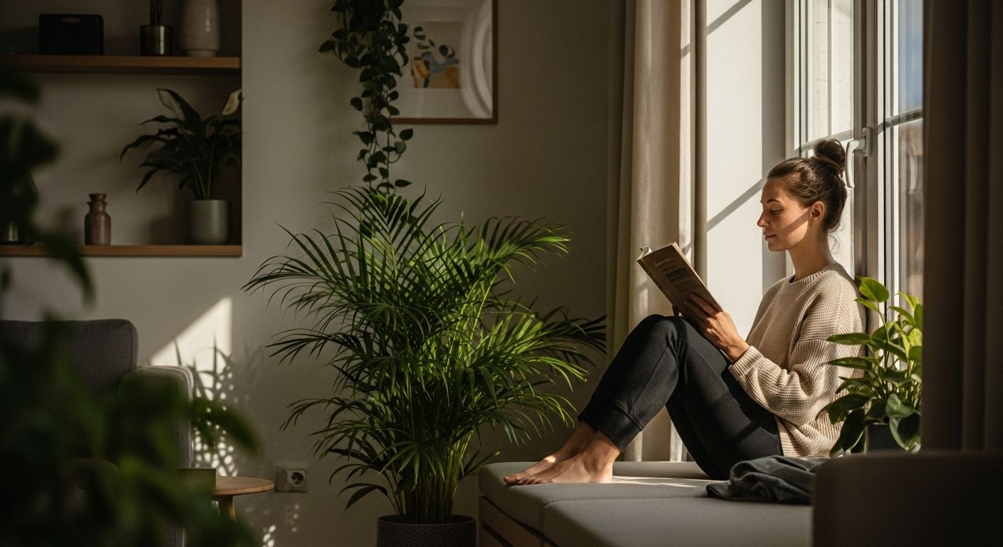 Mulher sentada perto de uma janela com luz natural suave, lendo um livro em um ambiente aconchegante com plantas, transmitindo calma, bem-estar consciente e estilo de vida equilibrado. Mulher sentada perto de uma janela com luz natural suave, lendo um livro em um ambiente aconchegante com plantas, transmitindo calma, bem-estar consciente e estilo de vida equilibrado.
