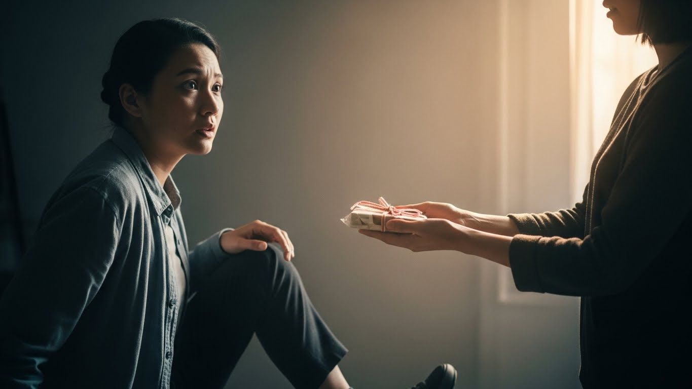 Mulher hesitante observa alguém oferecendo um presente, expressão de medo e dificuldade em receber apoio ou cuidado emocional.