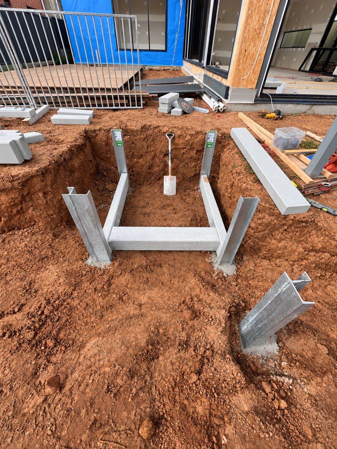 Steel posts and concrete sleepers during construction