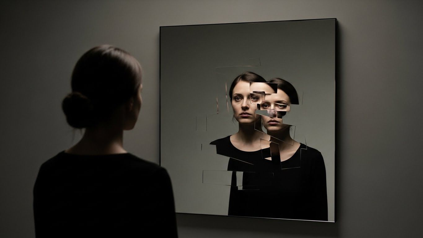 Mulher observa o próprio reflexo em um espelho fragmentado, simbolizando identidade dividida, comparação constante e dificuldade de se reconhecer emocionalmente.
