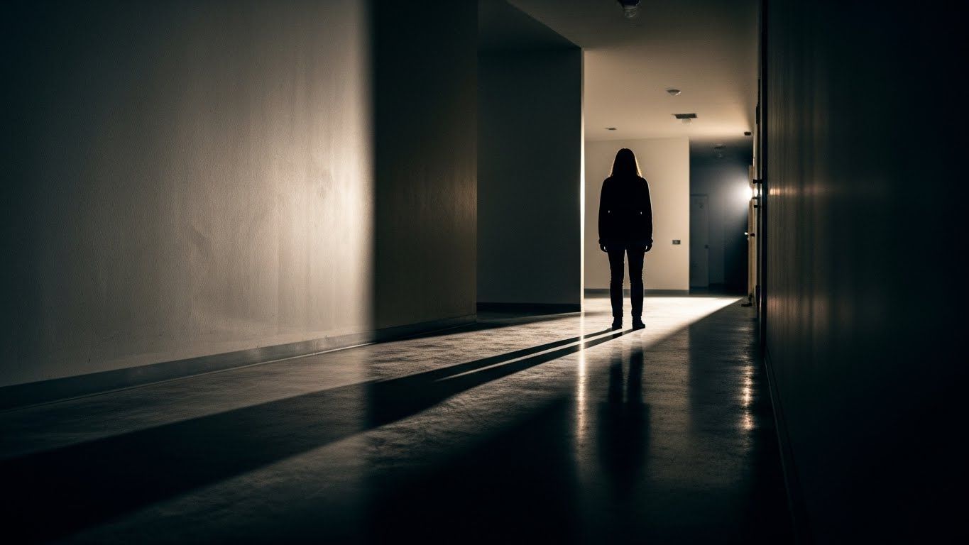 Figura solitária caminhando por um corredor escuro em direção à luz distante, simbolizando a busca por sentido, clareza emocional e atravessar o vazio interior.
