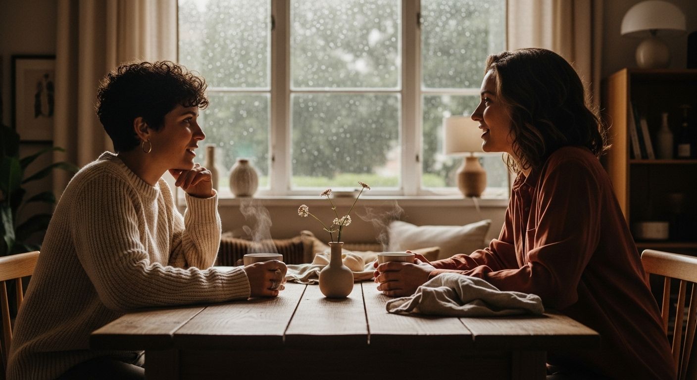Duas mulheres conversando calmamente à mesa com xícaras de chá, luz suave entrando pela janela em dia chuvoso, simbolizando vínculo emocional, presença e troca genuína. Duas mulheres conversando calmamente à mesa com xícaras de chá, luz suave entrando pela janela em dia chuvoso, simbolizando vínculo emocional, presença e troca genuína.