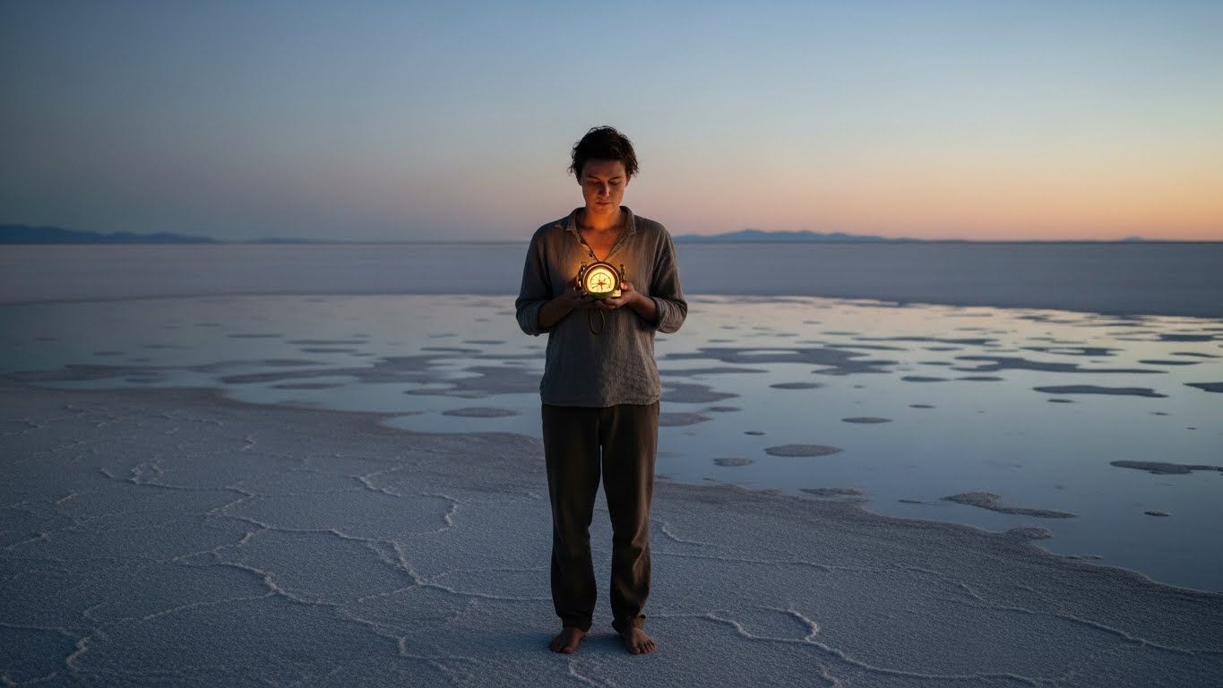 Pessoa sozinha em um deserto salino ao entardecer segurando uma luz nas mãos, simbolizando o resgate da própria energia, autonomia emocional e reconexão interior após o fim de um vínculo.