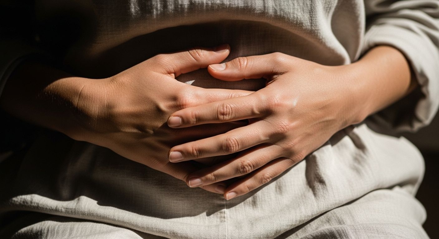 Mãos apoiadas suavemente sobre o abdômen, em gesto de pausa e autocuidado, com roupas de tecido natural e iluminação suave, representando conexão com o corpo e regulação emocional. Mãos apoiadas suavemente sobre o abdômen, em gesto de pausa e autocuidado, com roupas de tecido natural e iluminação suave, representando conexão com o corpo e regulação emocional.
