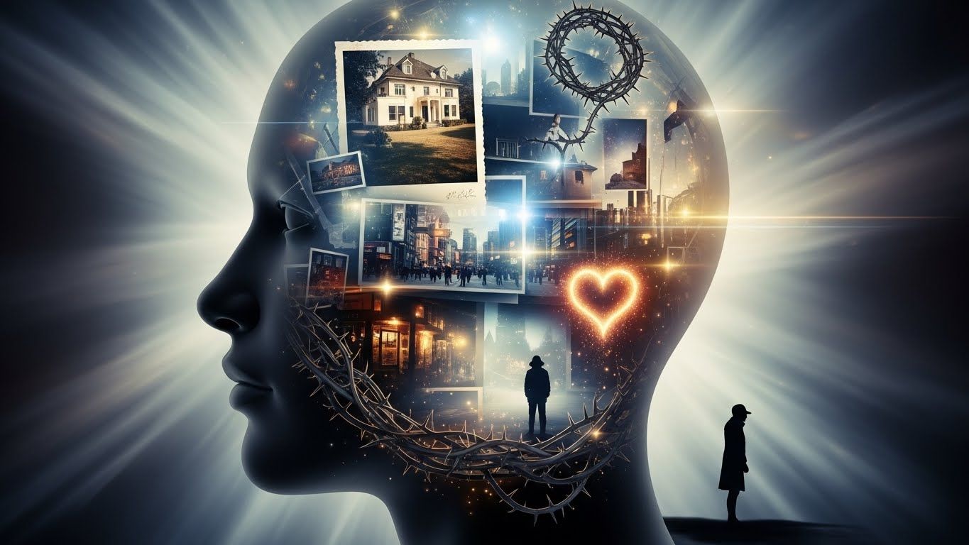 Silhueta de cabeça humana vista de perfil com memórias e cenas simbólicas dentro da mente, incluindo cidade, casa, coração luminoso e figura solitária, representando desejo, memória e conflitos internos. Silhueta de cabeça humana vista de perfil com memórias e cenas simbólicas dentro da mente, incluindo cidade, casa, coração luminoso e figura solitária, representando desejo, memória e conflitos internos.