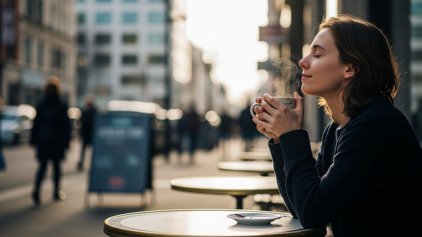 Mulher segura uma xícara de café em silêncio, com expressão introspectiva, representando comparação interna, pausa emocional e busca por reconexão consigo.