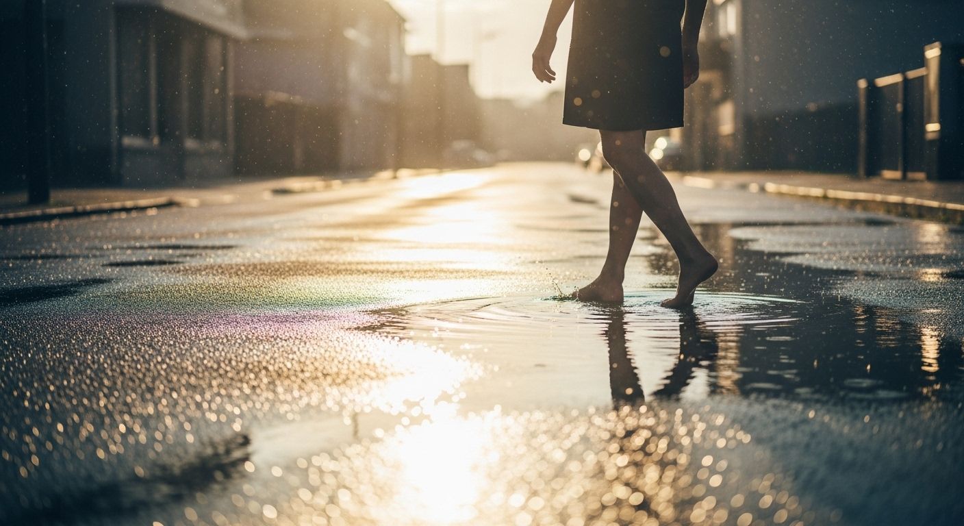 Pessoa caminhando descalça em rua molhada após a chuva, com luz do sol refletindo no chão, simbolizando renovação, leveza e início de um novo ciclo vibracional. Pessoa caminhando descalça em rua molhada após a chuva, com luz do sol refletindo no chão, simbolizando renovação, leveza e início de um novo ciclo vibracional.