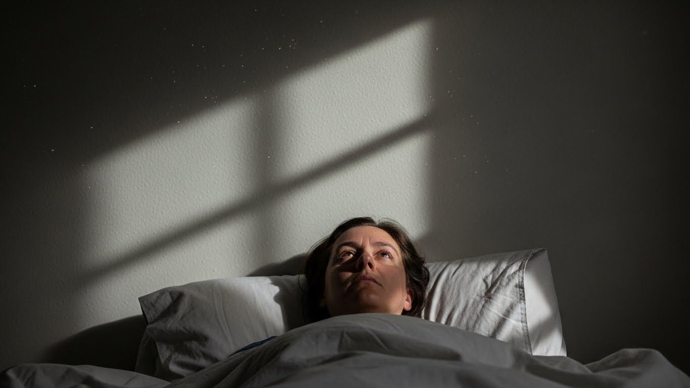Mulher deitada na cama olhando para o teto com luz projetada na parede, representando pensamentos noturnos, introspecção profunda e emoções que emergem no silêncio.