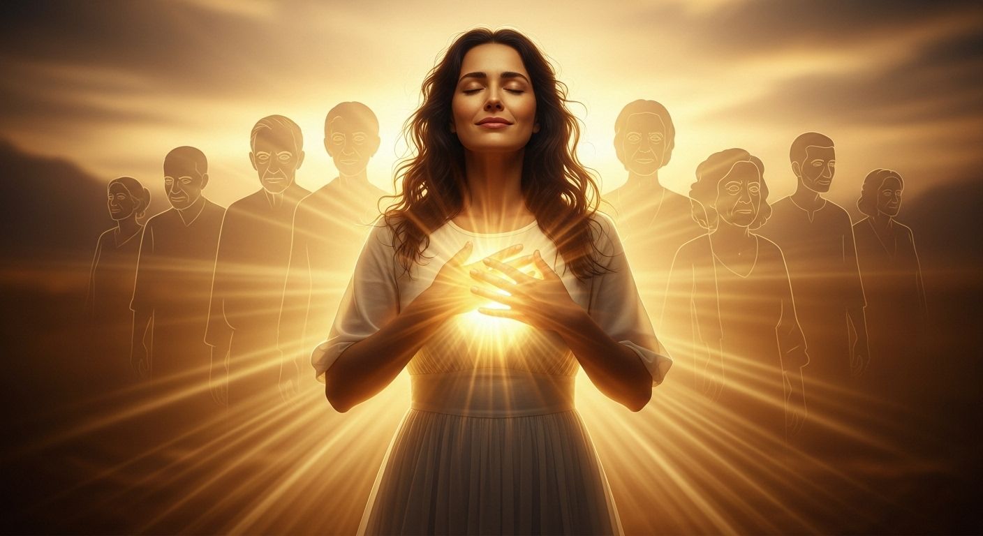 Mulher com as mãos sobre o coração cercada por silhuetas de ancestrais iluminados, representando libertação da culpa familiar e cura emocional através da luz interior. Mulher com as mãos sobre o coração cercada por silhuetas de ancestrais iluminados, representando libertação da culpa familiar e cura emocional através da luz interior.