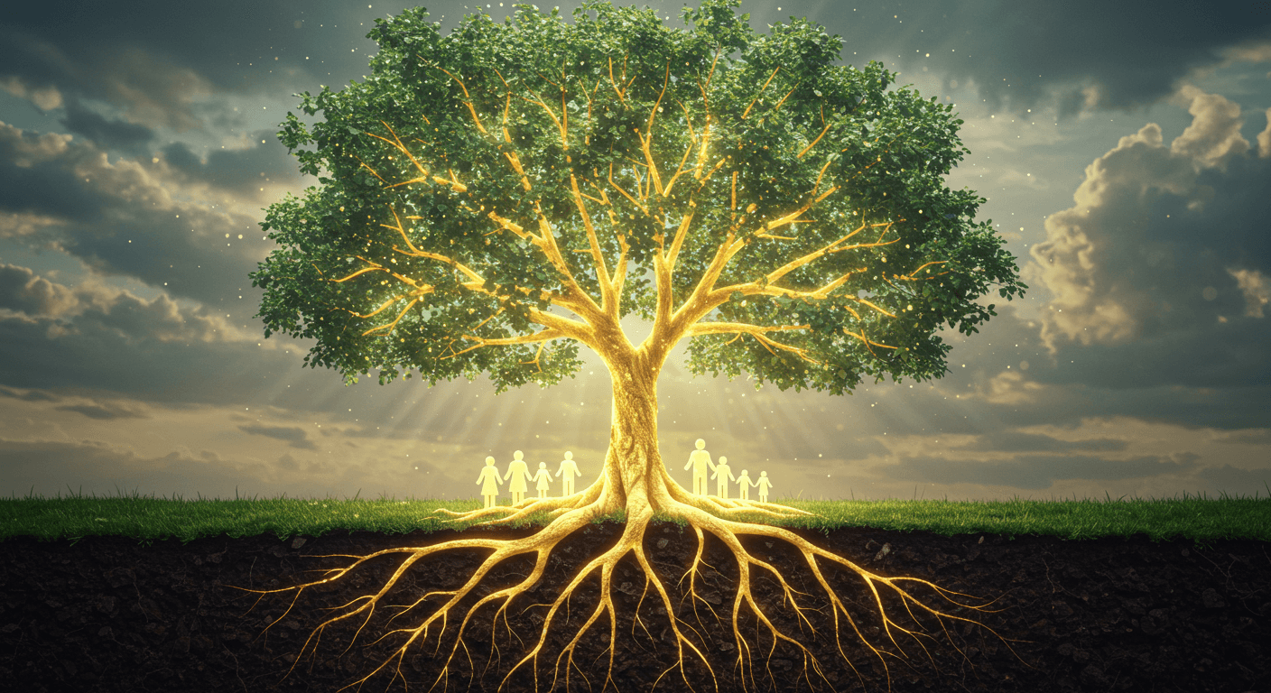 Árvore luminosa com raízes douradas e silhuetas humanas unidas embaixo, simbolizando conexões familiares e força ancestral.
