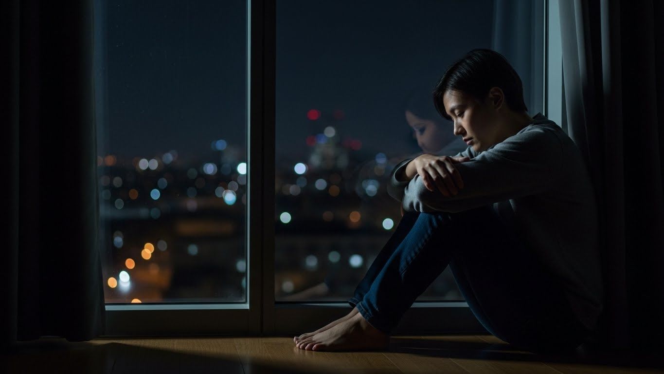 Pessoa sentada no chão ao lado da janela à noite, abraçando os joelhos e olhando a cidade, simbolizando o vazio emocional, a solidão interna e o convite à autoescuta.
