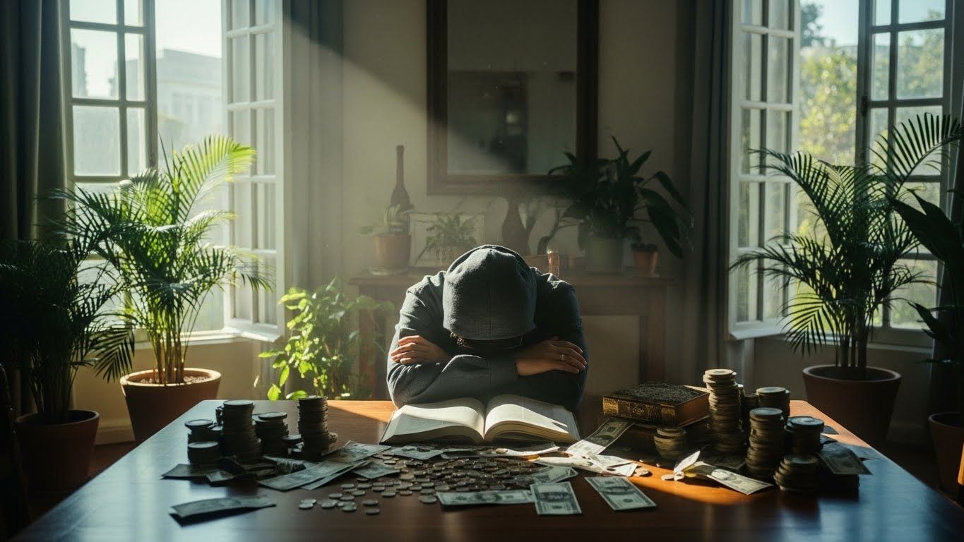 Pessoa com a cabeça apoiada sobre a mesa, cercada por dinheiro e livros, representando conflito interno com prosperidade e merecimento.
