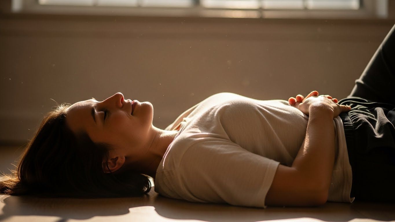 Mulher deitada no chão com luz suave atravessando o ambiente, simbolizando exaustão emocional causada pela comparação e necessidade de descanso interno.