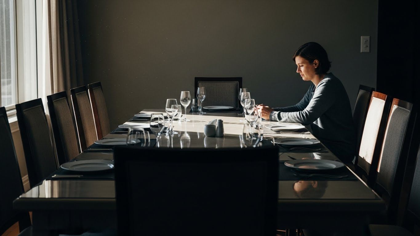 Mulher sentada sozinha à mesa posta para várias pessoas, em silêncio, representando emoções herdadas de ausência, lealdades familiares invisíveis e sentimentos que não começaram nela. Mulher sentada sozinha à mesa posta para várias pessoas, em silêncio, representando emoções herdadas de ausência, lealdades familiares invisíveis e sentimentos que não começaram nela.