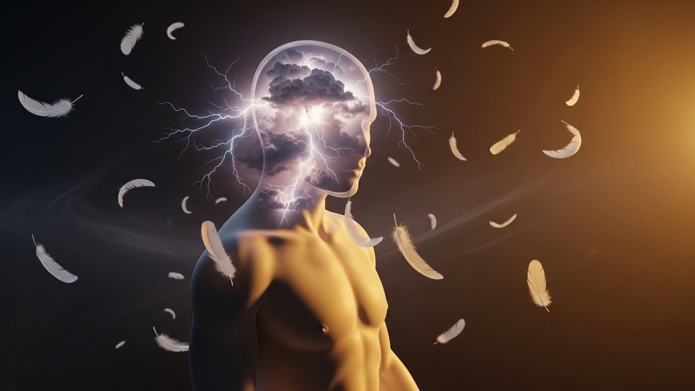 Figura humana com a cabeça transparente mostrando nuvens escuras e relâmpagos internos, cercada por penas flutuando em um cenário iluminado.