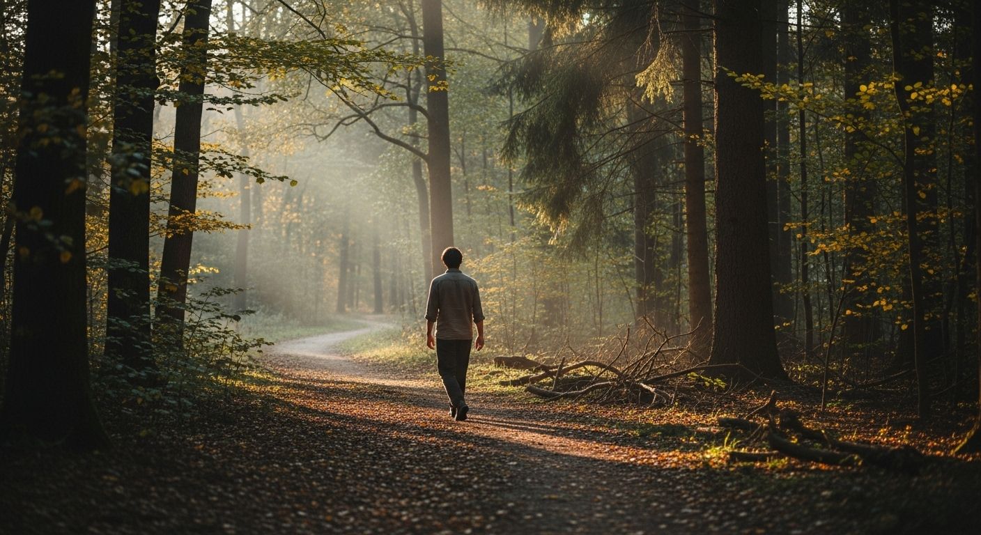 Pessoa caminhando lentamente por uma trilha em meio à floresta, com luz do sol atravessando as árvores, simbolizando ritmo natural, presença e bem-estar emocional. Pessoa caminhando lentamente por uma trilha em meio à floresta, com luz do sol atravessando as árvores, simbolizando ritmo natural, presença e bem-estar emocional.