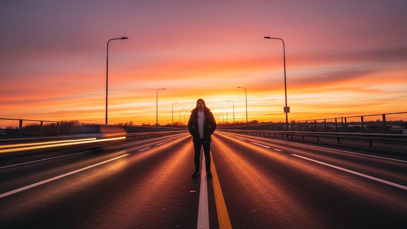 Pessoa sozinha em uma estrada vazia com cenário borrado, representando perda de direção interna e confusão emocional gerada pela comparação constante.