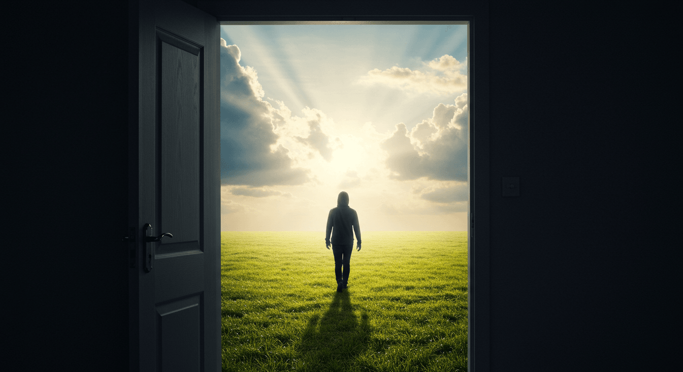 Pessoa caminhando para fora de uma porta aberta em direção a um campo iluminado pelo sol, simbolizando liberdade, novos começos e esperança após deixar um relacionamento difícil.